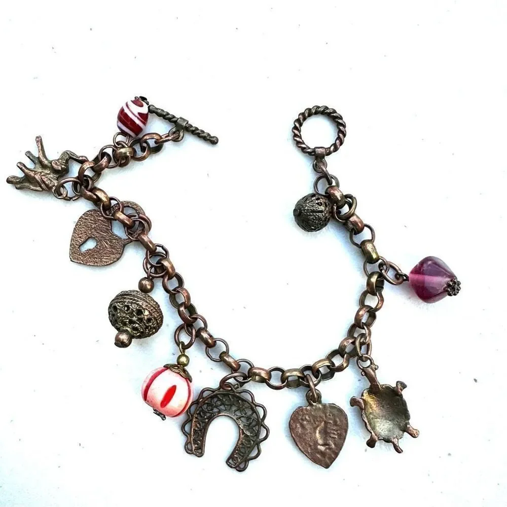 Brass  copper Charm Bracelet Pink Beads Turtle Heart Elephant Locket Horseshoe